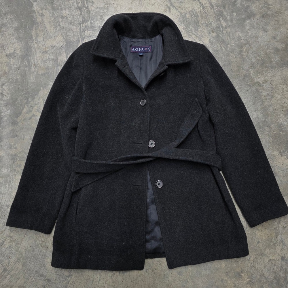 Vintage J G Hook‎ Women Charcoal Wool Blend Belted Coat Size 6